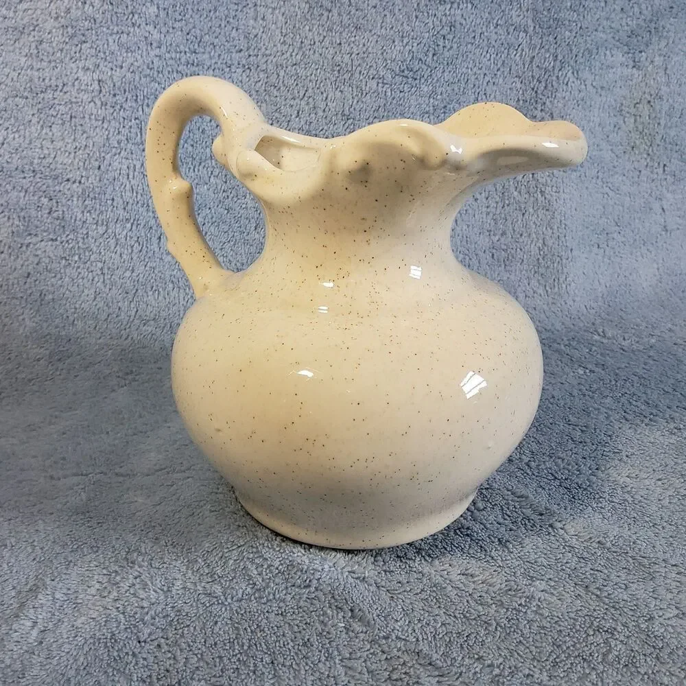 Vintage Cream Speckled Ceramic Pitcher Ruffled Rim Embossed Farmhouse Primitive